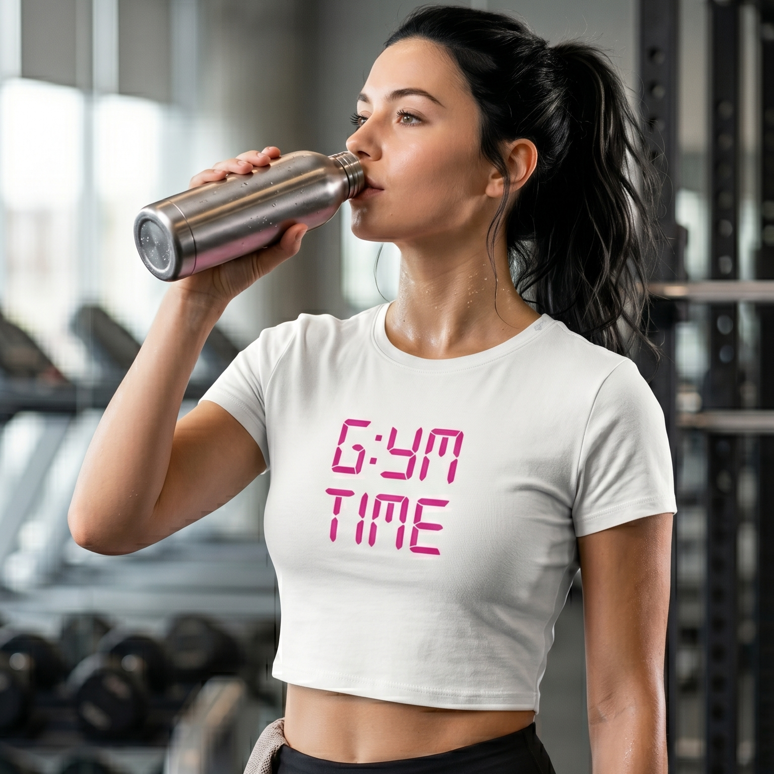 Camiseta crop top blanca de trnd.ink con estampado rosa "GYM TIME" en fuente digital. Una mujer deportista la luce en un gimnasio mientras bebe de una botella de acero..