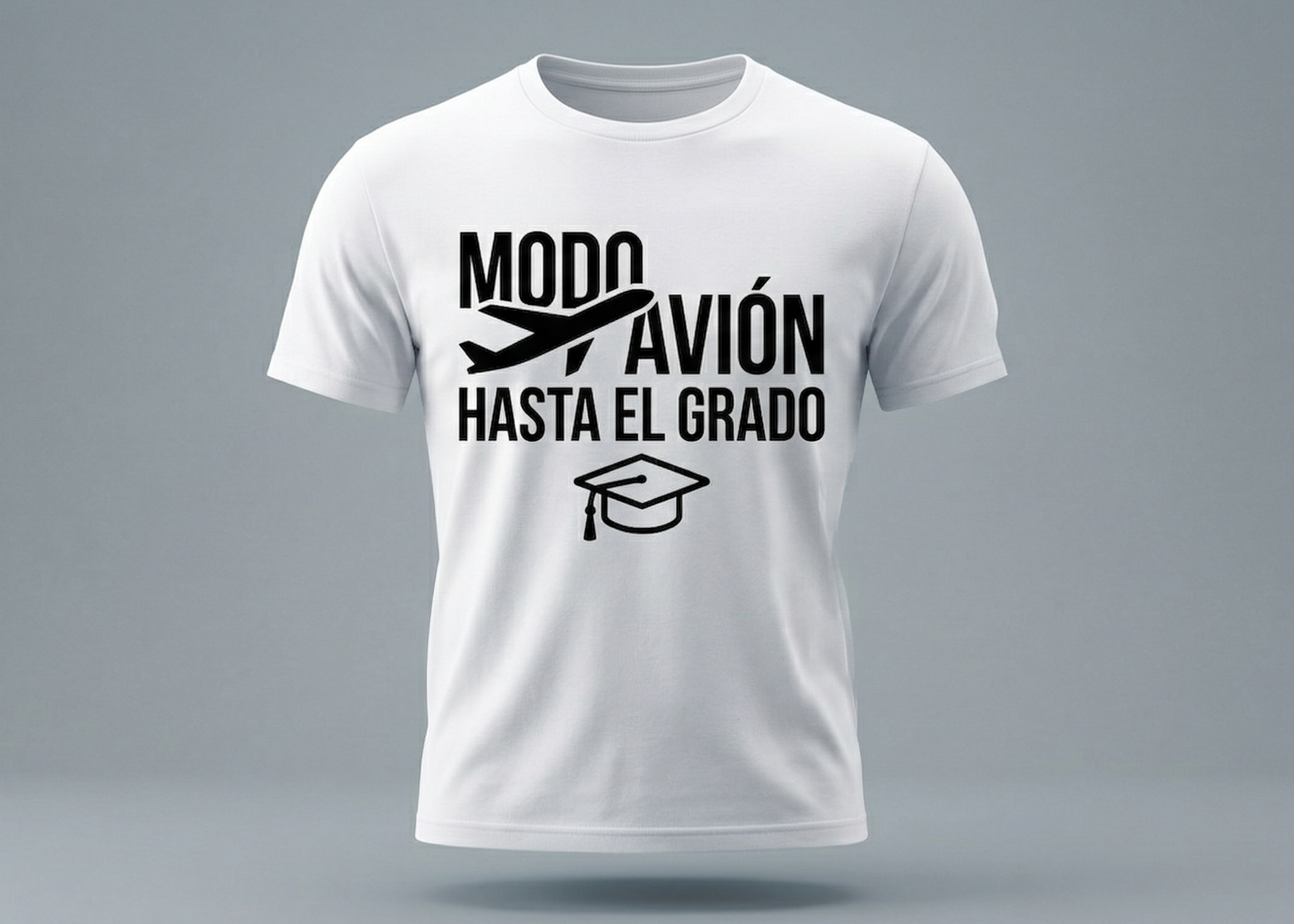 camisa blanca con estampado sublimado para hombre con mensaje: modo avion hasta el grado