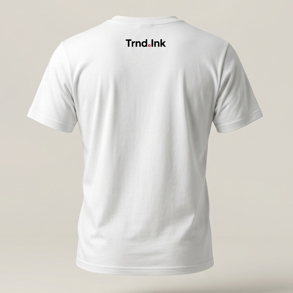 Vista trasera de una camiseta blanca de manga corta para hombre con el logo oficial de Trnd.Ink estampado en la parte superior central de la espalda, justo debajo del cuello, sobre un fondo neutro de color claro.