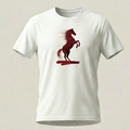 Camiseta blanca de cuello redondo para hombre con un estampado frontal artístico de un caballo rojo relinchando con detalles de salpicaduras de pintura en la base.