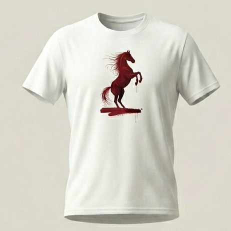 Camiseta blanca de cuello redondo para hombre con un estampado frontal artístico de un caballo rojo relinchando con detalles de salpicaduras de pintura en la base.