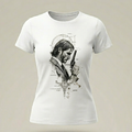 Camiseta blanca entallada para mujer con diseño artístico frontal de John Wick en estilo boceto y elementos geométricos.