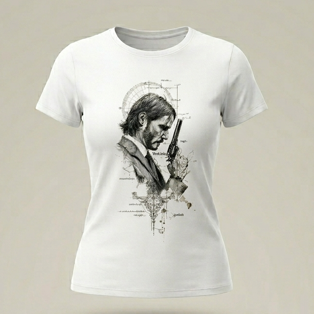 Camiseta blanca entallada para mujer con diseño artístico frontal de John Wick en estilo boceto y elementos geométricos.