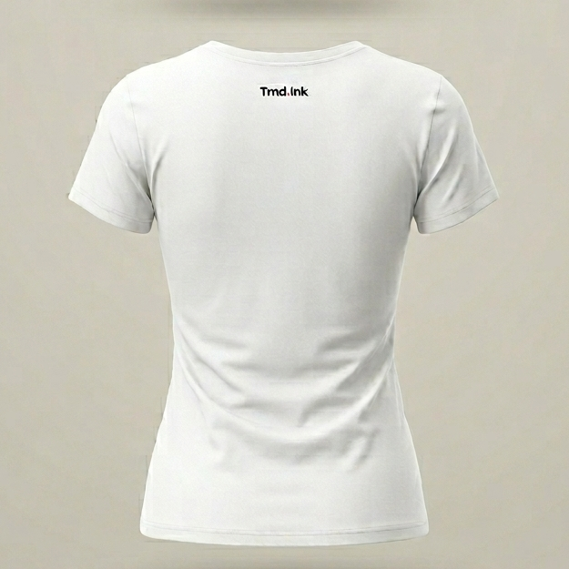 Vista posterior de una camiseta blanca entallada para mujer con el logo de Trnd.ink en la parte superior central de la espalda, estilo minimalista.