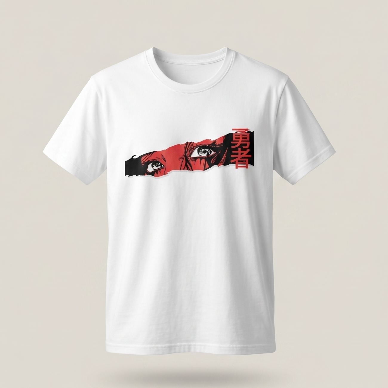 Camiseta blanca con diseño artístico de ojos estilo anime japonés en el pecho y logo de Trnd.ink en la parte superior central de la espalda
