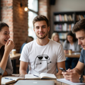 Toma de estilo de vida que muestra a un hombre joven sonriendo a la cámara mientras lleva una camiseta blanca de manga corta con un diseño central negro. El diseño es un personaje minimalista estilo Flork con gafas de sol, haciendo el doble signo de la paz con las dos manos. El hombre está sentado a una mesa de madera en una cafetería rústica con paredes de ladrillo y estanterías de libros en el fondo, flanqueado por dos amigos desenfocados.