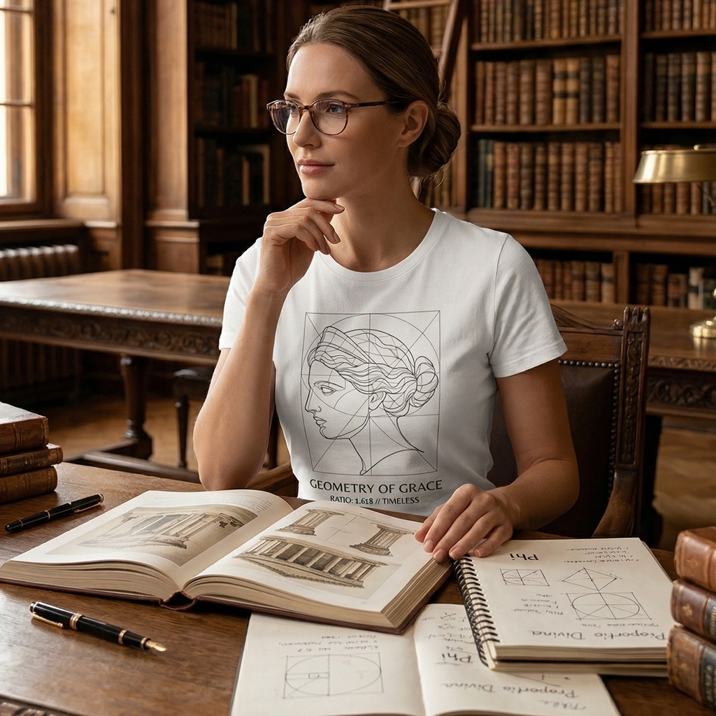 Una mujer reflexiva con gafas en una antigua biblioteca de madera, con una camiseta blanca con el diseño de arte lineal "Geometry of Grace" de proporción áurea.