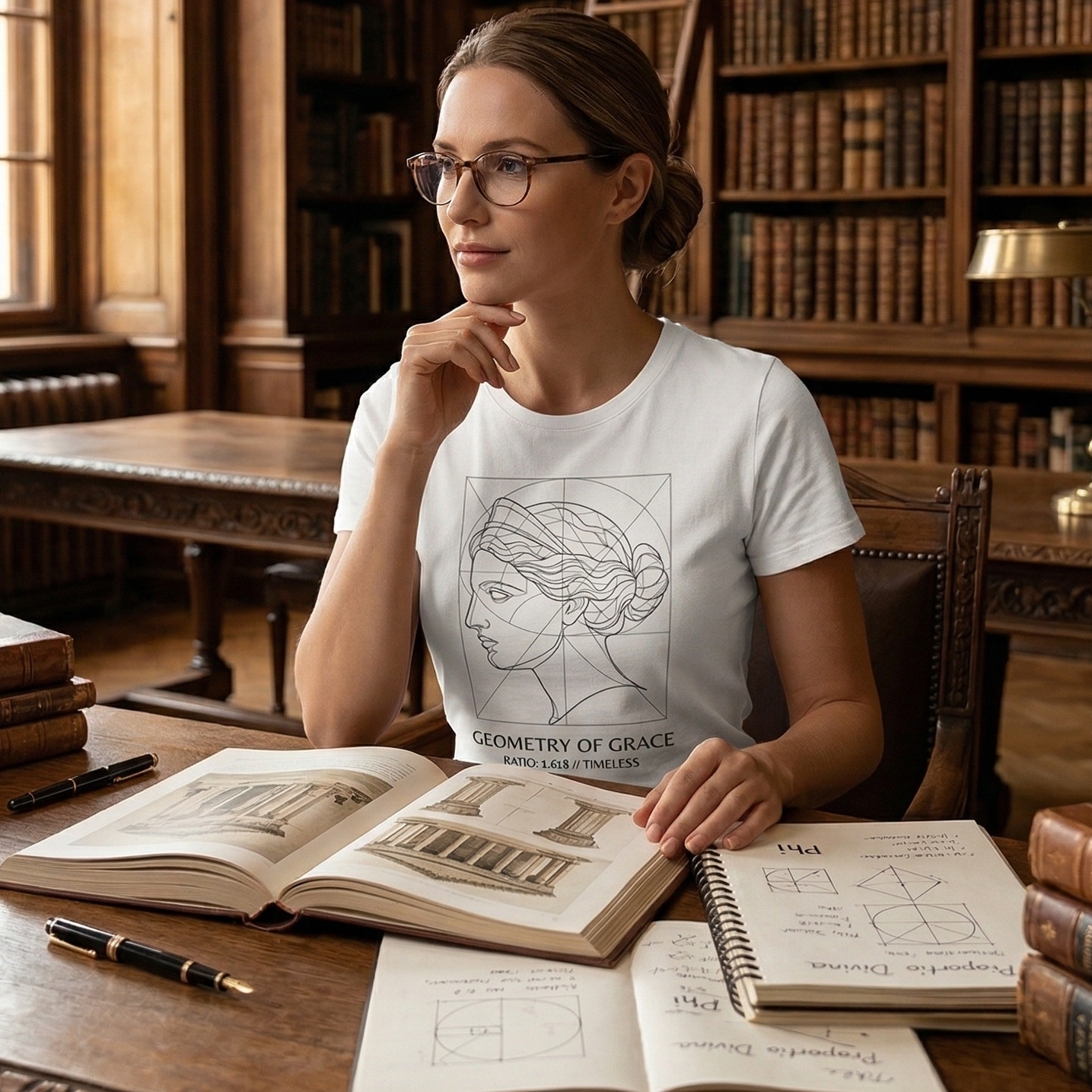 Una mujer reflexiva con gafas en una antigua biblioteca de madera, con una camiseta blanca con el diseño de arte lineal "Geometry of Grace" de proporción áurea.
