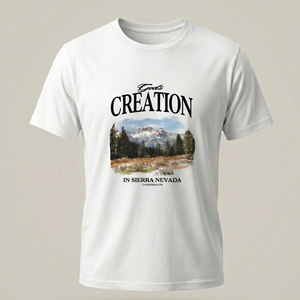 Vista frontal de camiseta blanca con diseño gráfico de montaña y pinos con el texto God's Creation In Sierra Nevada, y logo de Trnd.Ink en la parte superior de la espalda