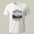Vista frontal de camiseta blanca con diseño gráfico de montaña y pinos con el texto God's Creation In Sierra Nevada, y logo de Trnd.Ink en la parte superior de la espalda