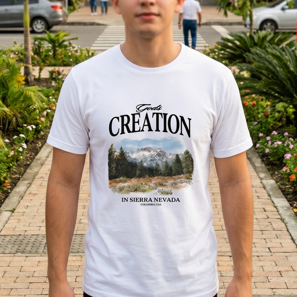 Joven posando en exteriores frente a un centro comercial vistiendo la camiseta blanca con diseño frontal God's Creation In Sierra Nevada de Trnd.Ink