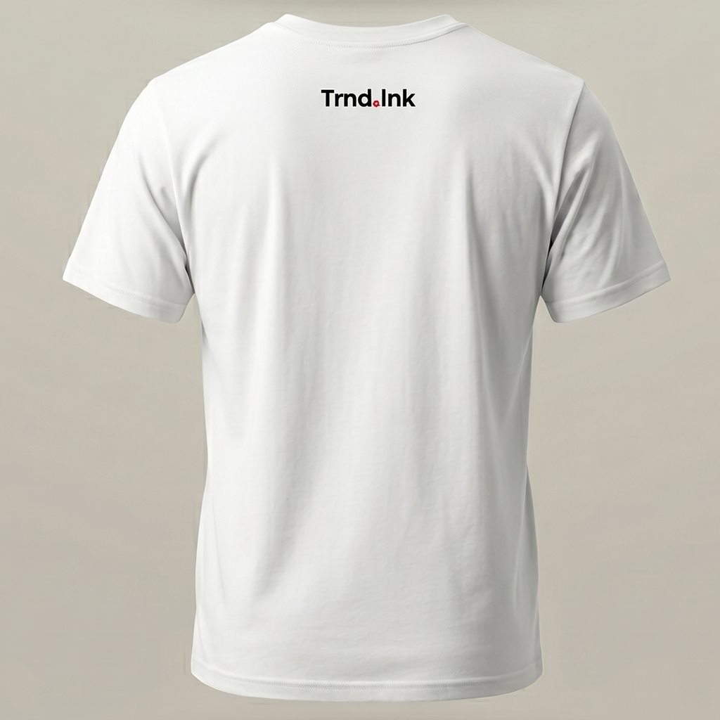 Vista posterior en primer plano de un joven de espaldas vistiendo una camiseta blanca con el logo de Trnd.Ink ubicado en la parte superior central de la espalda