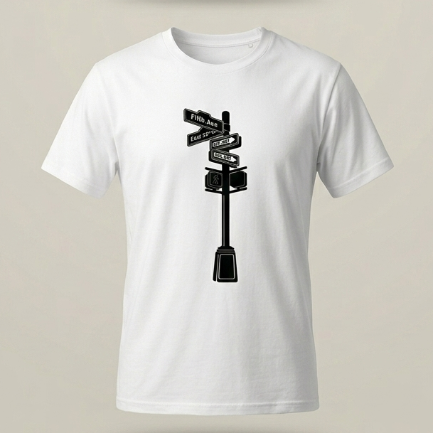 Camiseta blanca de hombre con estampado lineal minimalista de señales de tráfico urbanas en color negro, fondo de estudio minimalista color hueso.