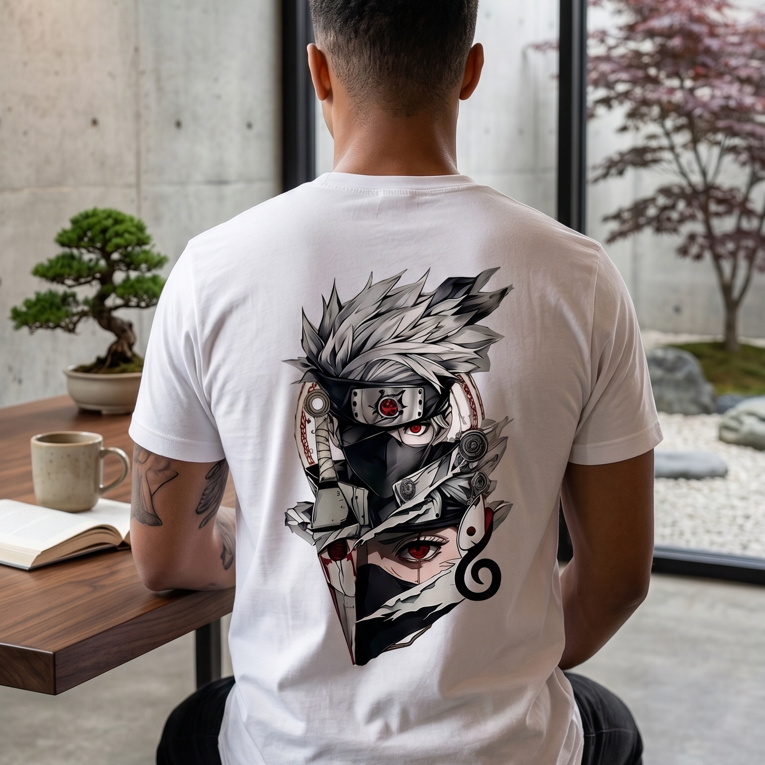 Hombre de espaldas en un ambiente zen con un bonsái, usando una camiseta blanca de trnd.ink con una ilustración artística detallada de Kakashi Hatake en la espalda.