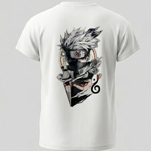 Vista frontal de una camiseta blanca con una ilustración artística de Kakashi Hatake de Naruto, diseño de anime minimalista en blanco y negro para streetwear de trnd.ink.