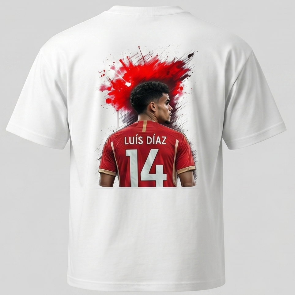 Vista posterior de camiseta blanca con ilustración gráfica roja del futbolista Luis Díaz con el número 14, y logo de Trnd.Ink en la parte frontal de la prenda