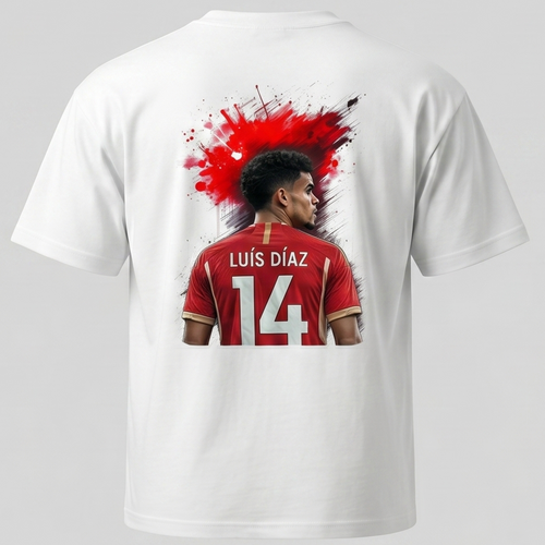 Vista posterior de camiseta blanca con ilustración gráfica roja del futbolista Luis Díaz con el número 14, y logo de Trnd.Ink en la parte frontal de la prenda