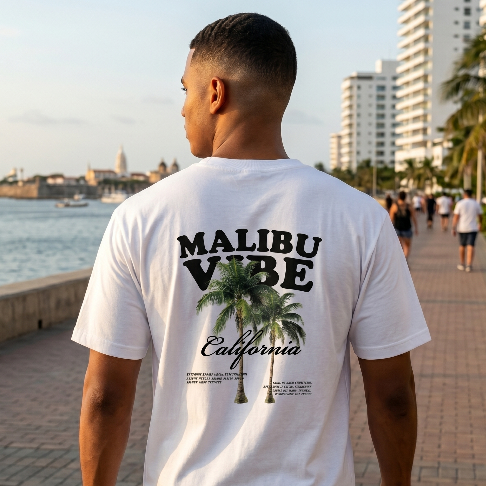 Hombre caminando junto al mar luciendo una camiseta blanca con diseño gráfico de palmeras Malibu Vibe y logo de Trnd.ink en el pecho
