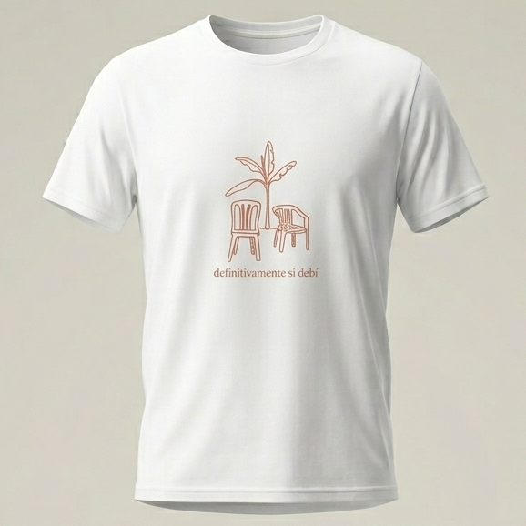 Camiseta blanca minimalista de Trnd.ink con estampado frontal de arte lineal terracota que muestra dos sillas bajo una palmera y la frase definitivamente si debi.