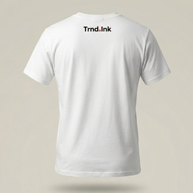 Camiseta blanca de corte minimalista con el logo de Trnd.ink ubicado en la parte superior central de la espalda