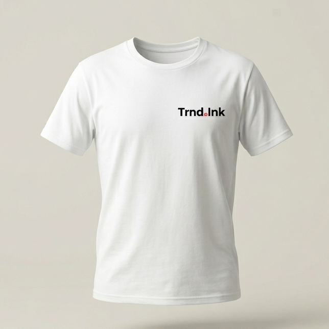 Vista frontal de una camiseta blanca de algodón para hombre y mujer con el logo de Trnd.Ink estampado en negro en la parte superior central del pecho, estilo minimalista y urbano.