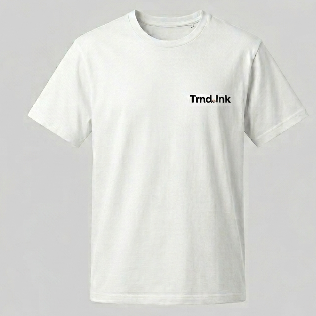 Vista frontal de una camiseta blanca premium con el logo de Trnd.ink en negro en el pecho, diseño minimalista de moda urbana.