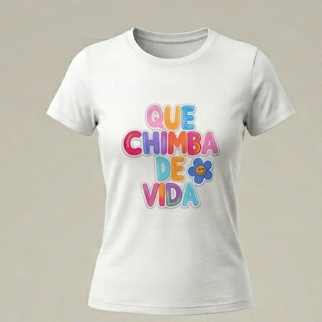 Camiseta blanca ajustada para mujer con la frase QUE CHIMBA DE VIDA estampada en el pecho con letras de colores estilo burbuja 3D y una pequeña flor azul sonriente.