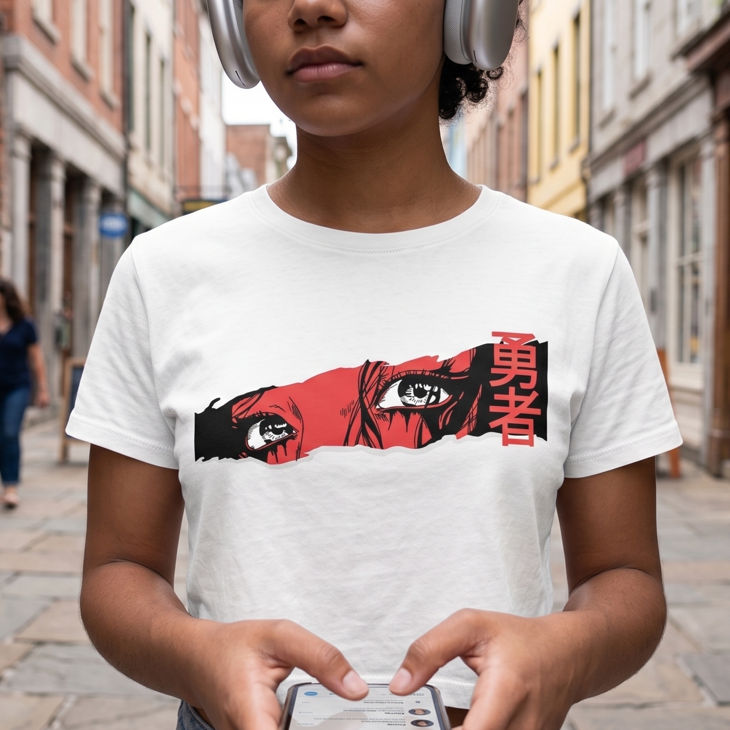 Persona en la calle usando el celular vistiendo una camiseta blanca con diseño frontal de ojos estilo anime japonés, y logo de Trnd.Ink en la parte superior central de la espalda