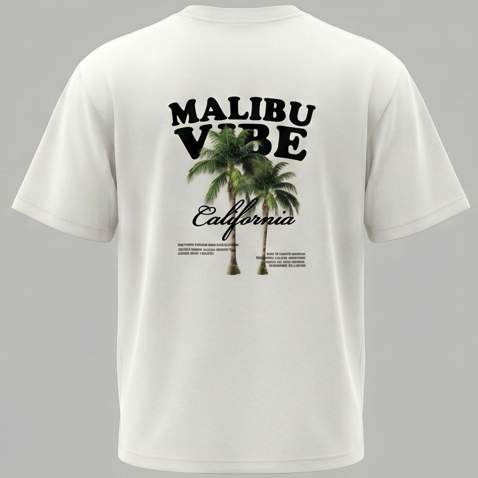 Vista posterior de camiseta blanca con estampado gráfico de palmeras y el texto Malibu Vibe California, con el logo de Trnd.Ink ubicado en la parte frontal de la prenda