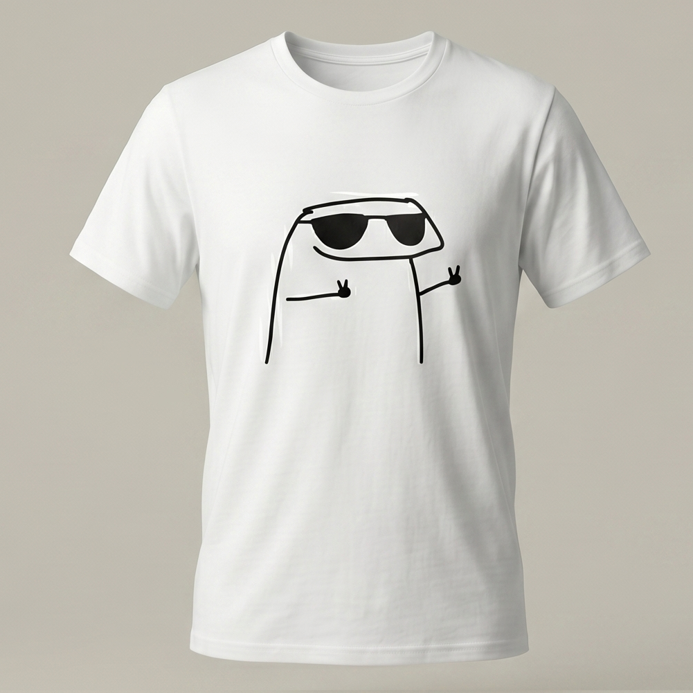 Maqueta de una camiseta blanca de manga corta con un estampado central grande en color negro. El diseño presenta a un personaje minimalista estilo Flork usando gafas de sol y haciendo el signo de la paz con ambas manos sobre un fondo neutro.