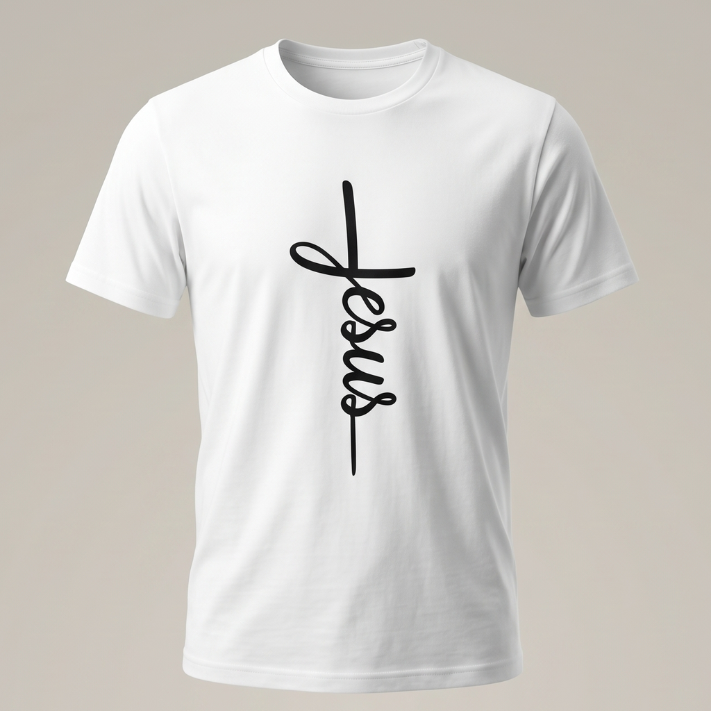 Maqueta de una camiseta blanca de manga corta con un estampado central en color negro. El diseño muestra la palabra "Jesus" escrita en una elegante caligrafía cursiva dispuesta verticalmente para formar la silueta de una cruz cristiana sobre un fondo neutro.