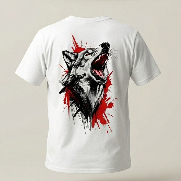 Camiseta blanca para hombre y mujer con un estampado artístico frontal de un lobo aullando en negro con manchas rojas tipo pintura, estilo urbano moderno de trnd.ink.