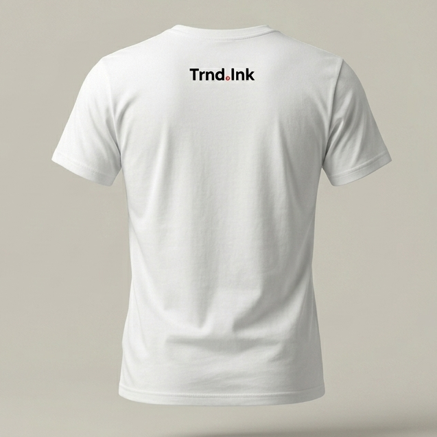 Vista posterior de una camiseta blanca minimalista con el logo de Trnd.ink impreso en la parte superior central de la espalda sobre un fondo neutro.
