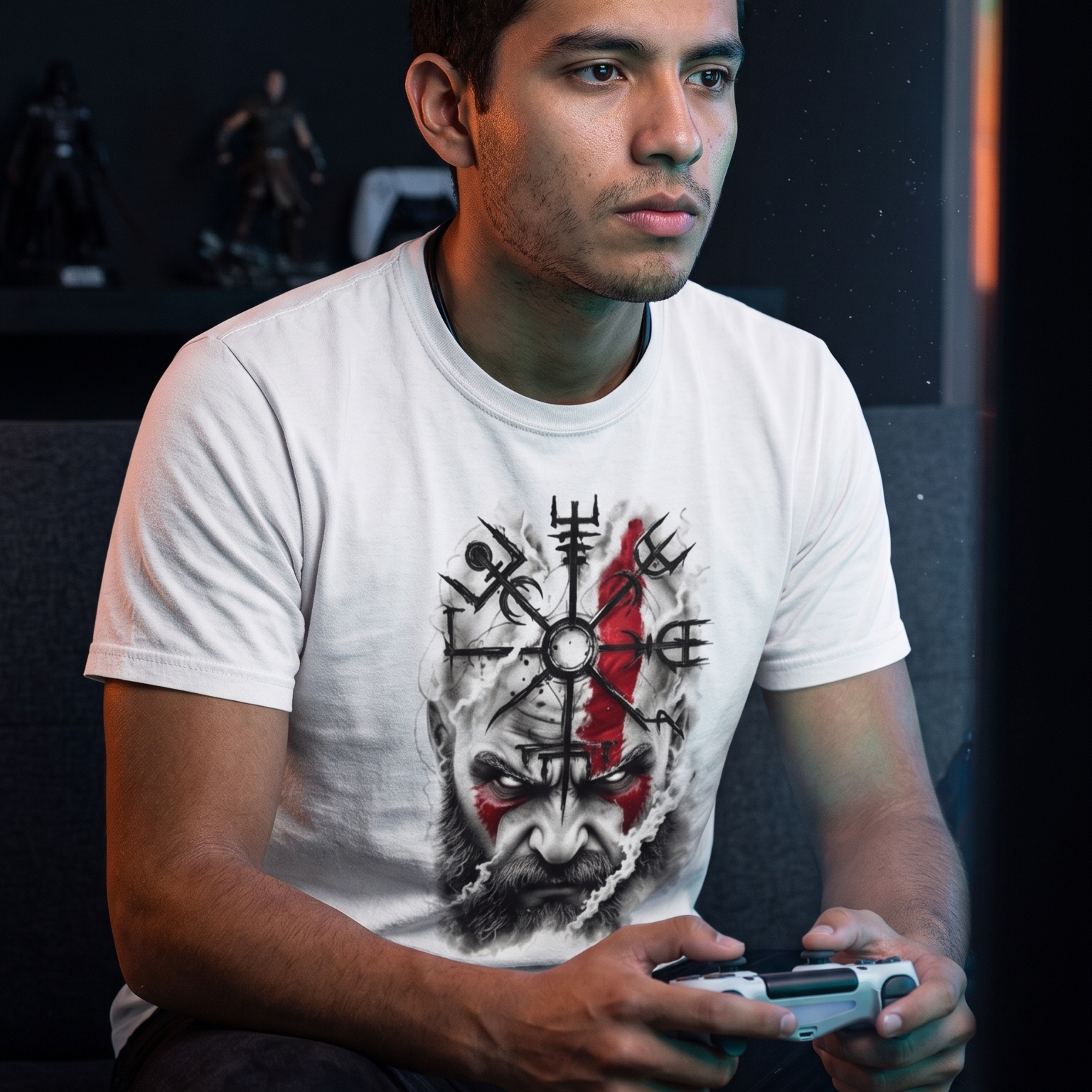 Joven gamer usando una camiseta blanca con diseño de Kratos y símbolos vikingos mientras sostiene un control de consola, ambiente de habitación gamer con luces tenues.