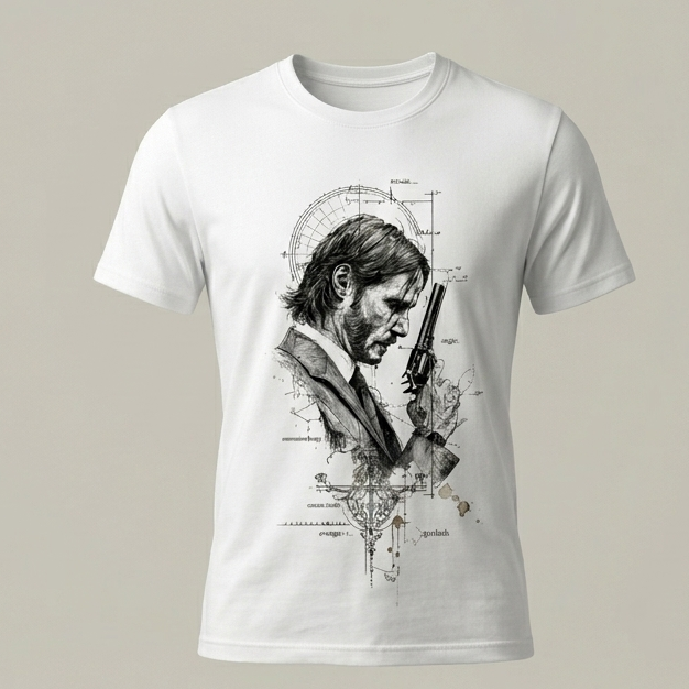 Camiseta blanca trnd.ink con ilustración artística estilo boceto de John Wick sosteniendo un arma, con elementos gráficos de fondo.