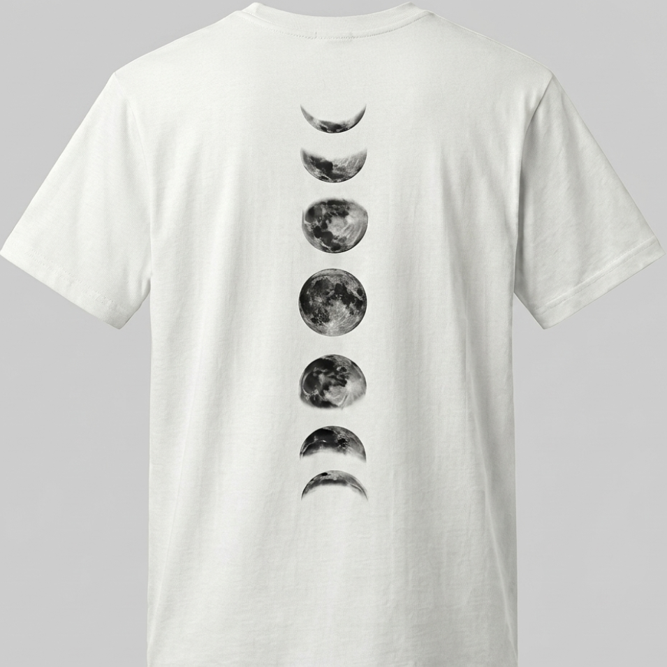 Camiseta blanca trnd.ink con diseño vertical de las fases lunares en blanco y negro sobre la espalda, estilo minimalista y urbano.