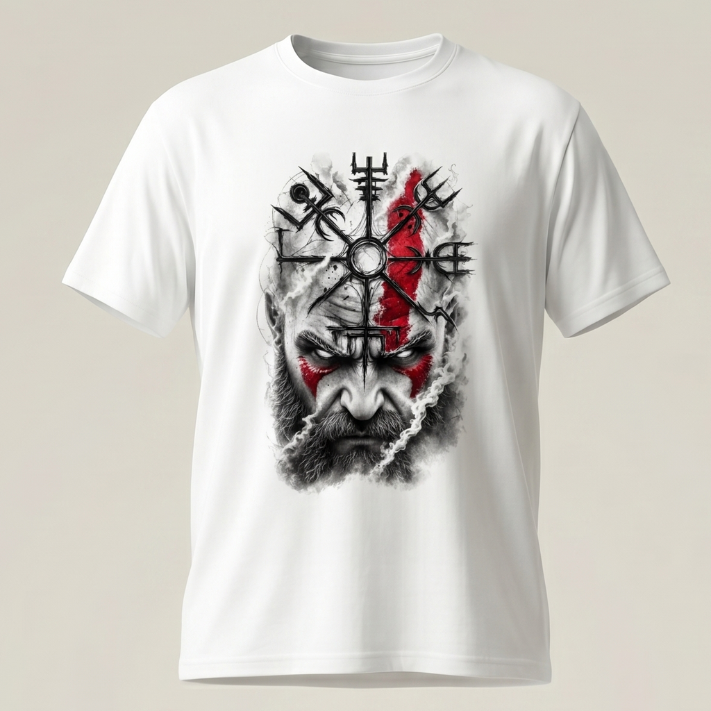 Camiseta blanca para hombre con ilustración fotorrealista de Kratos de God of War integrada con un símbolo rúnico nórdico en negro y rojo, fondo de estudio minimalista.