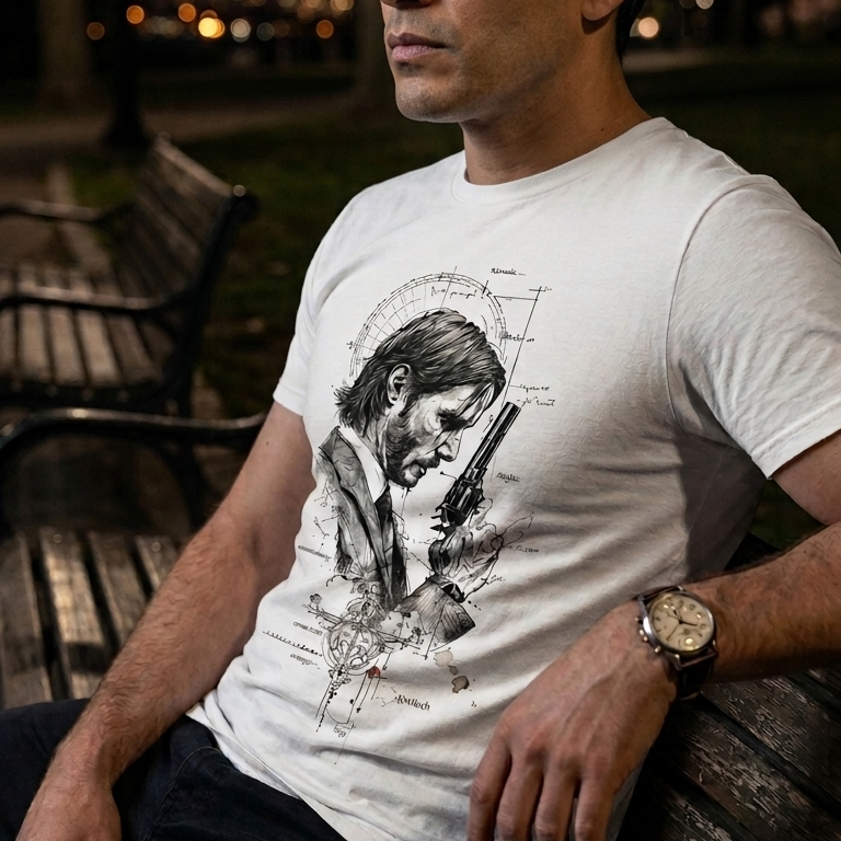 Primer plano de un hombre sentado en un banco de parque nocturno usando una camiseta blanca con la ilustración de John Wick, estilo urbano y sofisticado.