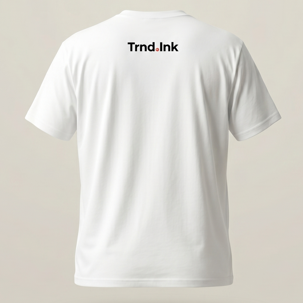 Vista trasera de una camiseta blanca de hombre con el logo de Trnd.Ink estampado en negro y rojo bajo el cuello, fondo minimalista color hueso.