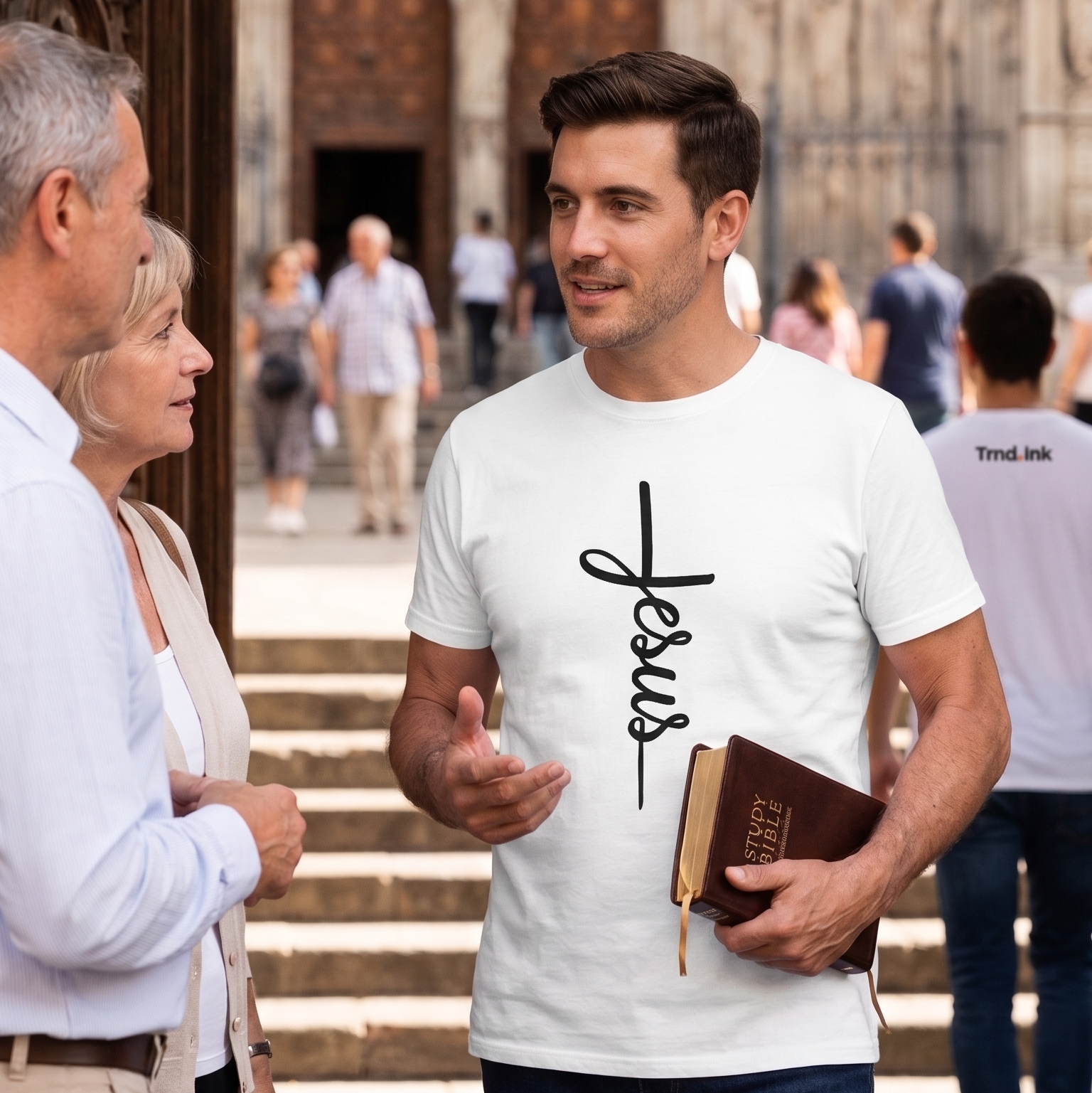Hombre joven vistiendo una camiseta blanca de cuello redondo con un diseño minimalista de la palabra "Jesus" formando una cruz negra en el pecho. Sostiene una Biblia bajo el brazo mientras conversa en un entorno exterior iluminado.
