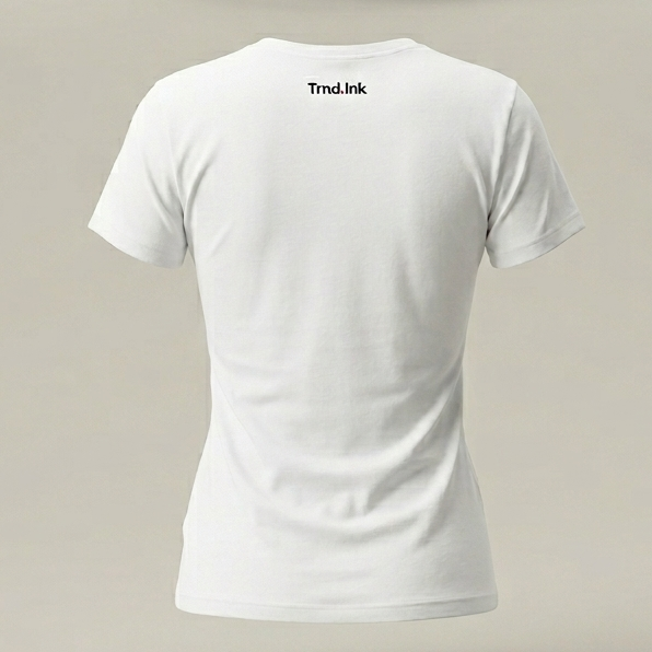 Vista posterior de camiseta blanca para mujer, destacando el logo de la marca Trnd.Ink centrado en la parte superior de la espalda.