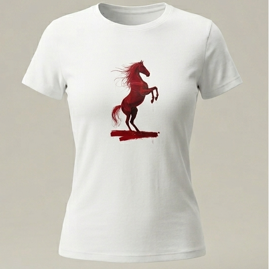 Camiseta blanca de manga corta para mujer con estampado frontal de un caballo rojo encabritado sobre una mancha de pintura estilo acuarela, marca trnd.ink.
