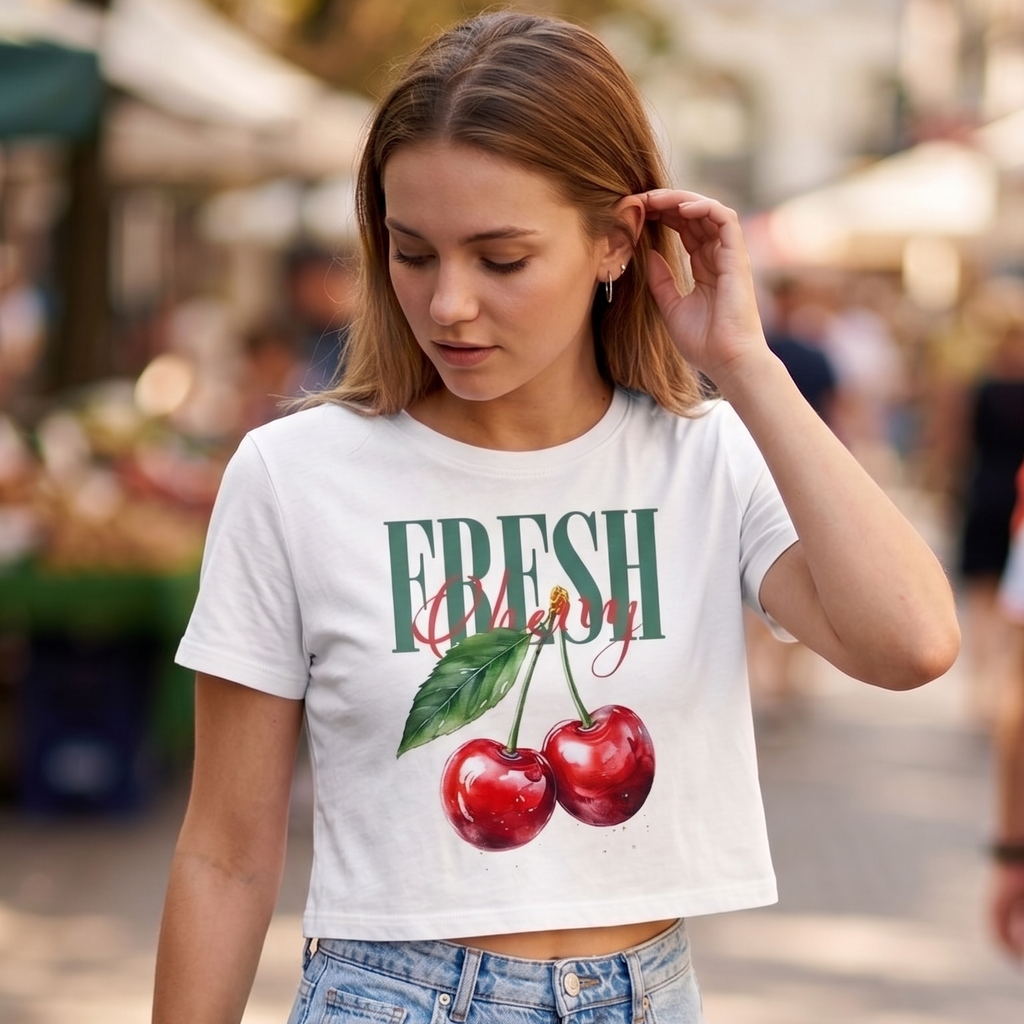 Modelo usando el crop top blanco 'Fresh Cherry' de trnd.ink combinado con jeans, mostrando el diseño de cerezas ilustradas en un ambiente urbano iluminado.