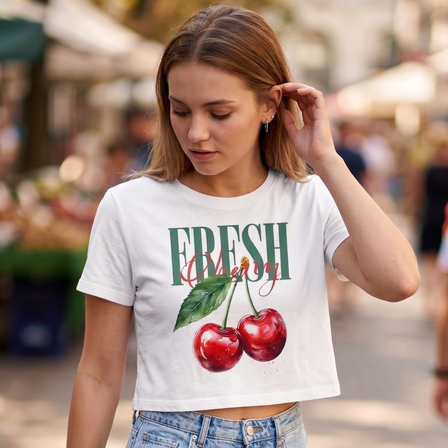 Modelo usando el crop top blanco 'Fresh Cherry' de trnd.ink combinado con jeans, mostrando el diseño de cerezas ilustradas en un ambiente urbano iluminado.