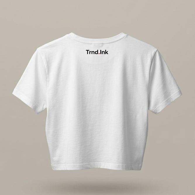 Diseño de camiseta tipo crop top de color blanco mostrado por detrás. se observa el logo "Trnd.Ink" en tipografía negra sencilla ubicado en la parte superior central, bajo el cuello.