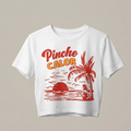 Camiseta crop top de poliéster blanco Trnd.Ink con diseño Pinche Calor y palmeras, ideal para clima cálido y moda de playa.