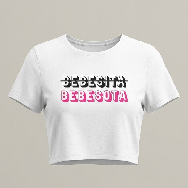 Camiseta crop top blanca para mujer con estampado tipográfico "Bebesita Bebesota" en rosa y negro, diseño exclusivo de marca Trnd.ink.