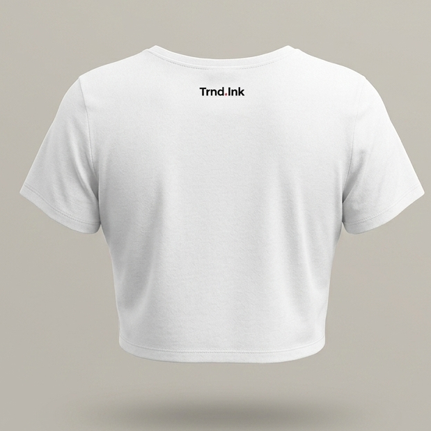 Vista trasera de camiseta crop top blanca para mujer con logo "Trnd.ink" impreso centrado en la parte superior, diseño minimalista.