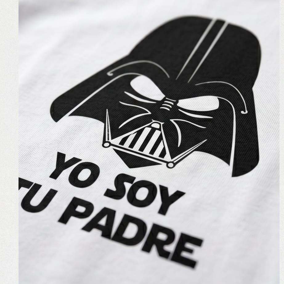 Fotografía en primer plano y toma macro que muestra el detalle del estampado negro sobre el textil de una camiseta blanca de la marca Trnd.Ink. El diseño gráfico se compone de la ilustración minimalista del casco de Darth Vader y, justo debajo, la célebre frase "YO SOY TU PADRE" en letras mayúsculas con tipografía bold, resaltando la nitidez y los acabados de la impresión.