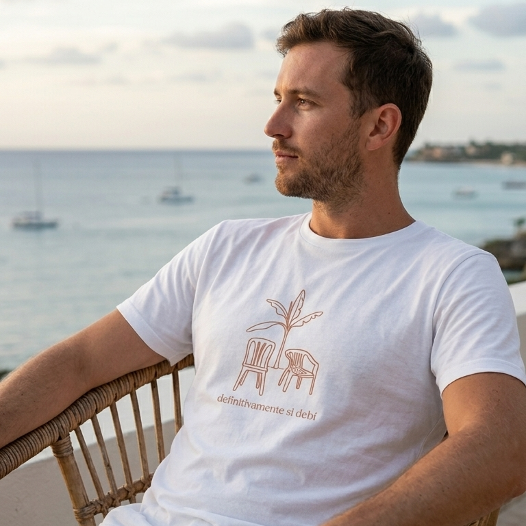 Foto lifestyle de un modelo masculino vistiendo la camiseta blanca "Definitivamente Sí Debí" de Trnd.ink con estampado terracota, sentado en una silla de mimbre mirando a una bahía costera al atardecer.